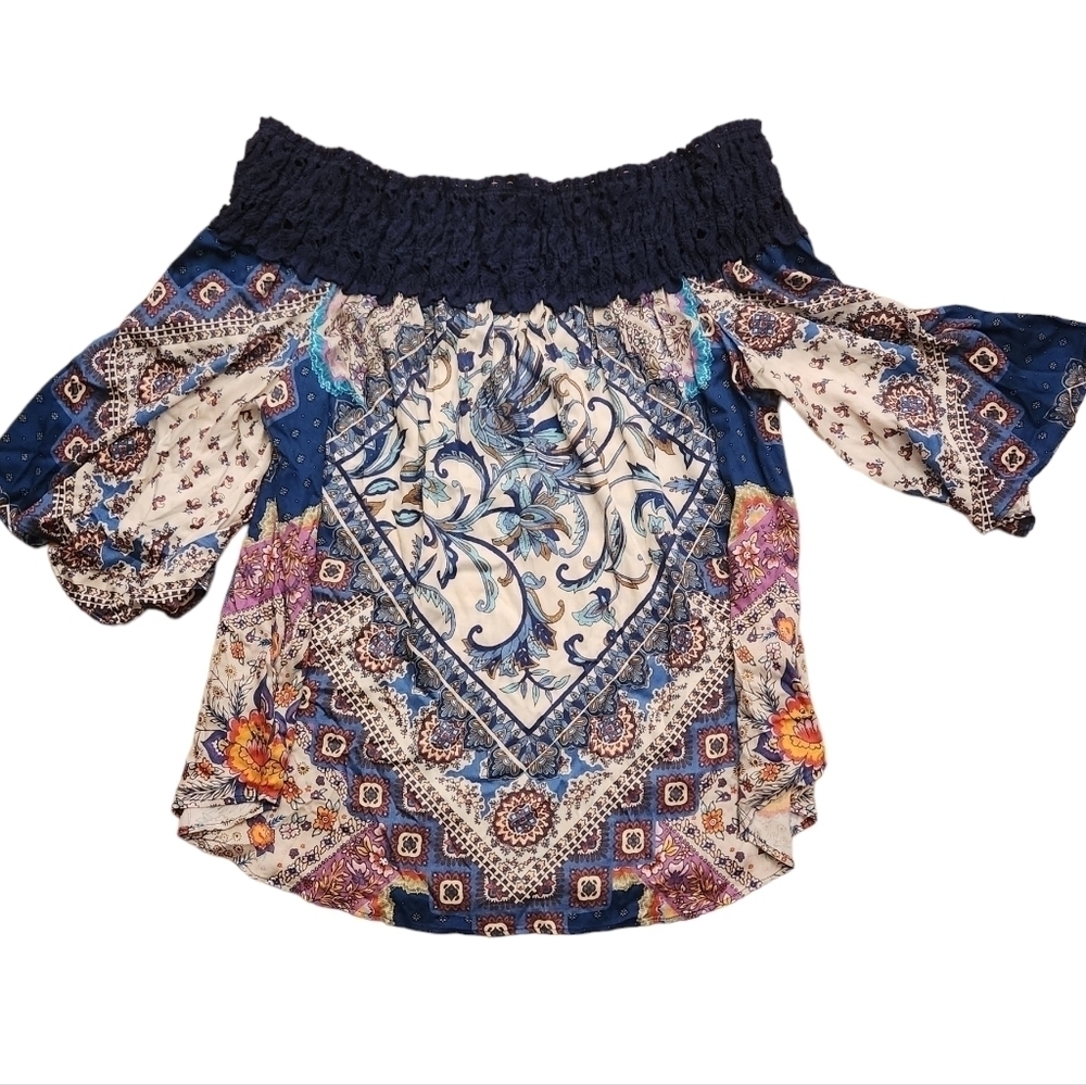 Hale Bob Boho Off Shoulder Cropped Shirt Size Small